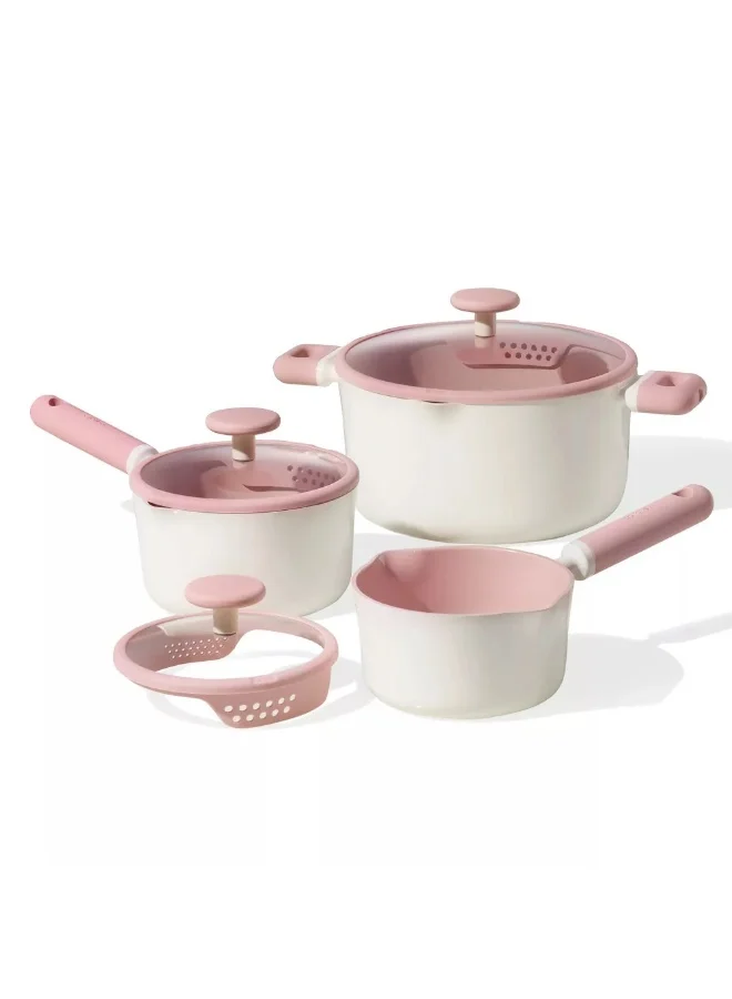 CAROTE Carote 21-Piece Ceramic Nonstick Cookware Set, PFAS-Free Healthy Cooking Set, Dual-size Silicone Strainer Lids, Full-Spray Even-Heat Base, All Kitchen Stovetop Compatible, Dishwasher Safe (Pink)